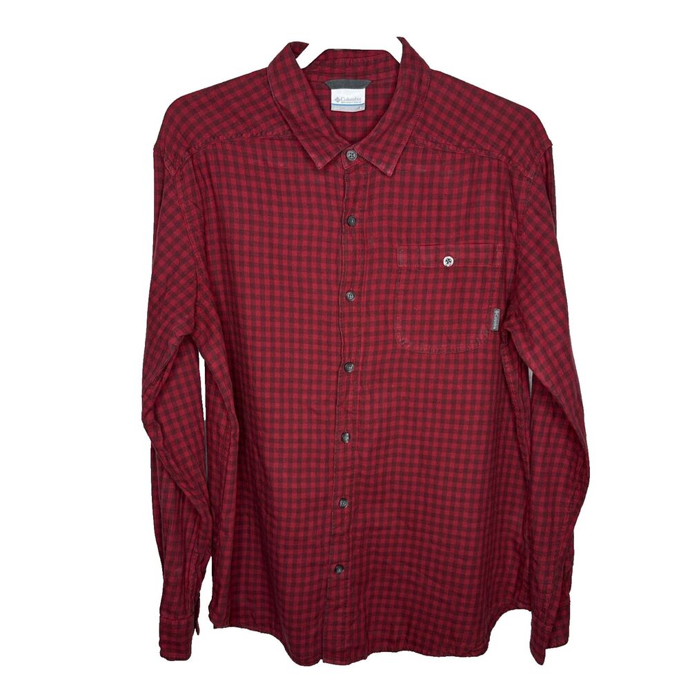 Columbia Womens Large Plaid Flannel Button Up Shirt Long Sleeve Red Black Cotton